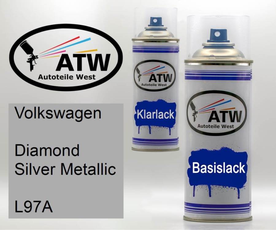 Volkswagen, Diamond Silver Metallic, L97A: 400ml Sprühdose + 400ml Klarlack - Set, von ATW Autoteile West.